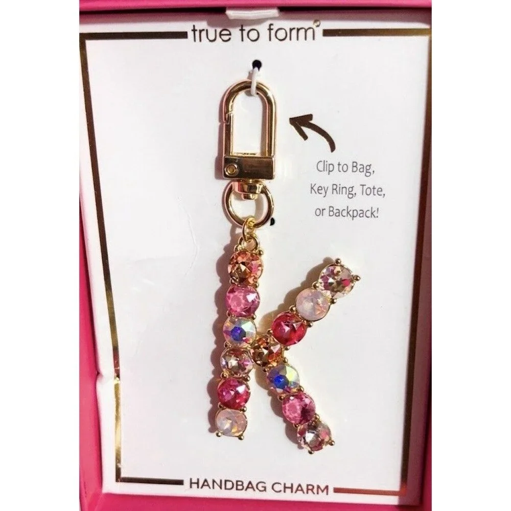 True to Form Initial Pink Letter K Handbag Charm Keychain Bag Purse Rhinestones